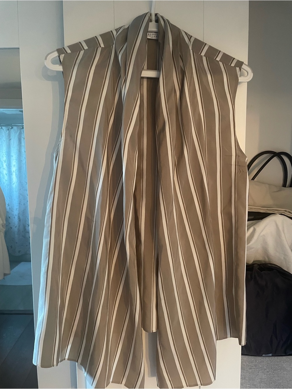 Brunello Cucinelli Taupe & White Striped Sleeveless Vest